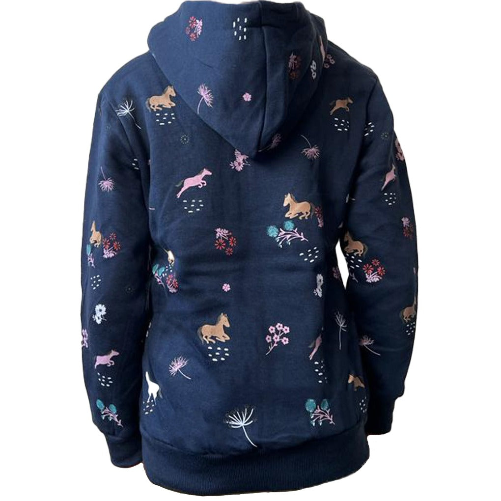 Mädchen Sweatjacke Pferde Motiv Blumen Print Kapuze Dunkel Blau