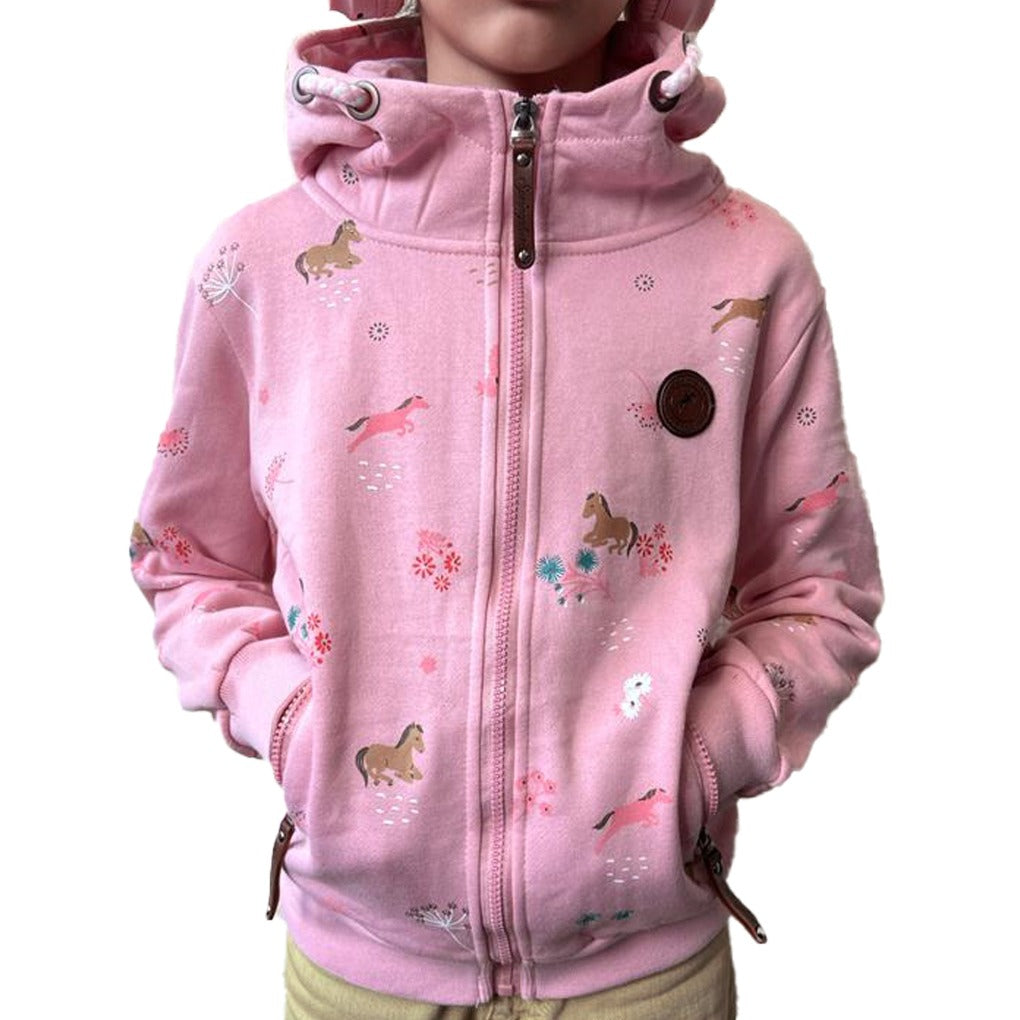 Mädchen Sweatjacke Pferde Motiv Blumen Print Kapuze Rosa