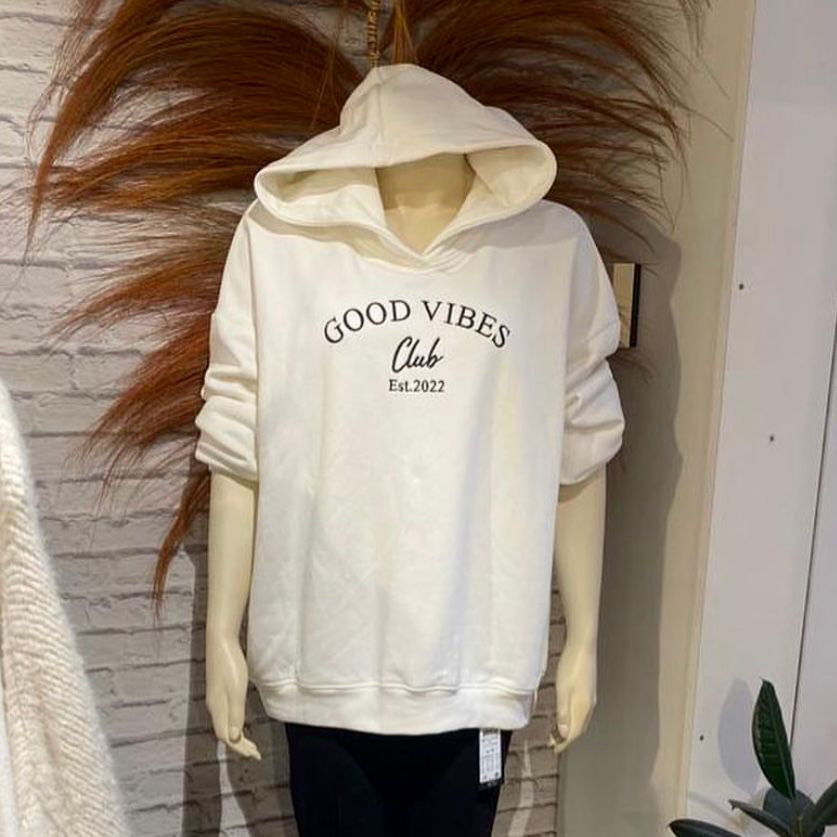 Oversize Hoodie weiß Good Vibes mit Kapuze
