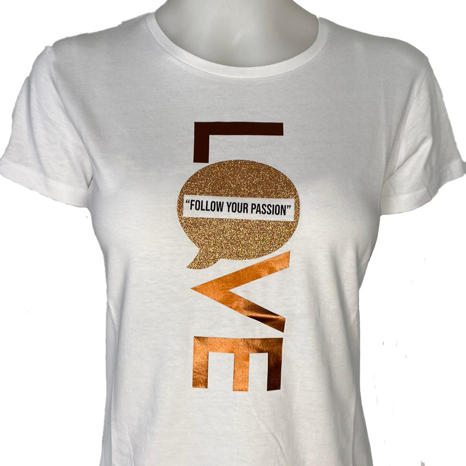 t-shirt glitzer motiv love gold follow your passion