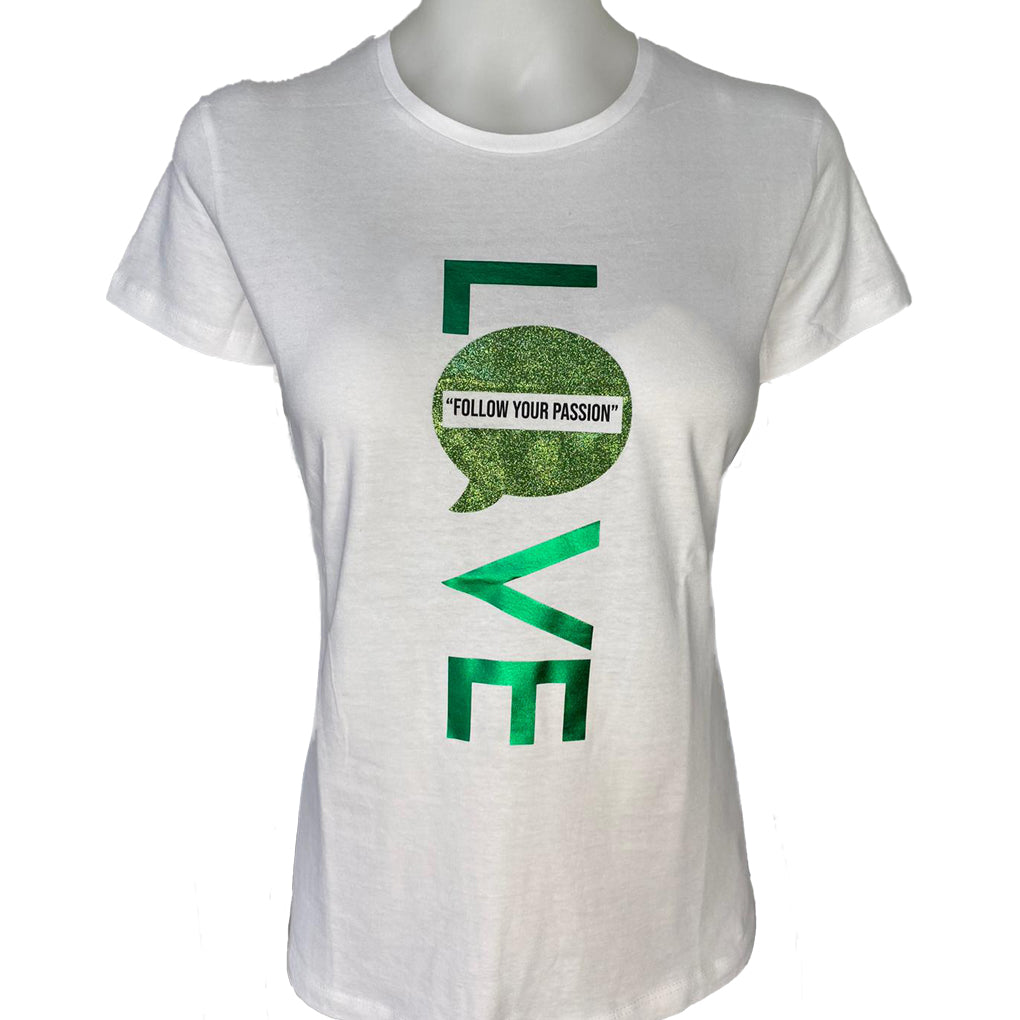 t-shirt glitzer motiv grün love follow your passion statement