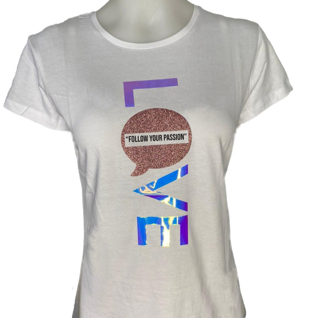 t-shirt glitzer motiv holo love follow your passion