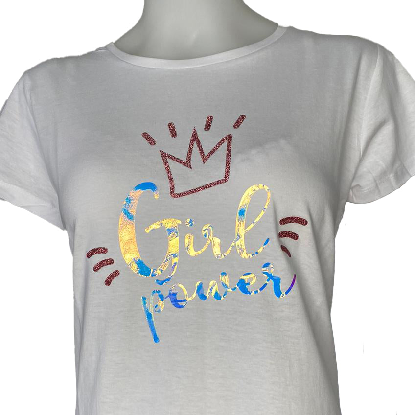 t-shirt glitzer motiv girl power holo effekt