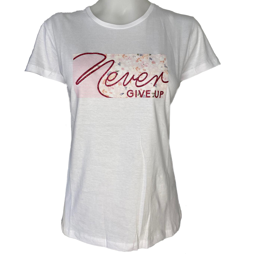 never give up- tshirt- rot - glitzer-sps-springstar-shirt-sommer
