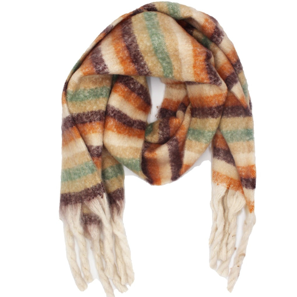 Schal gestreift bunt Wollschal Fransen beige