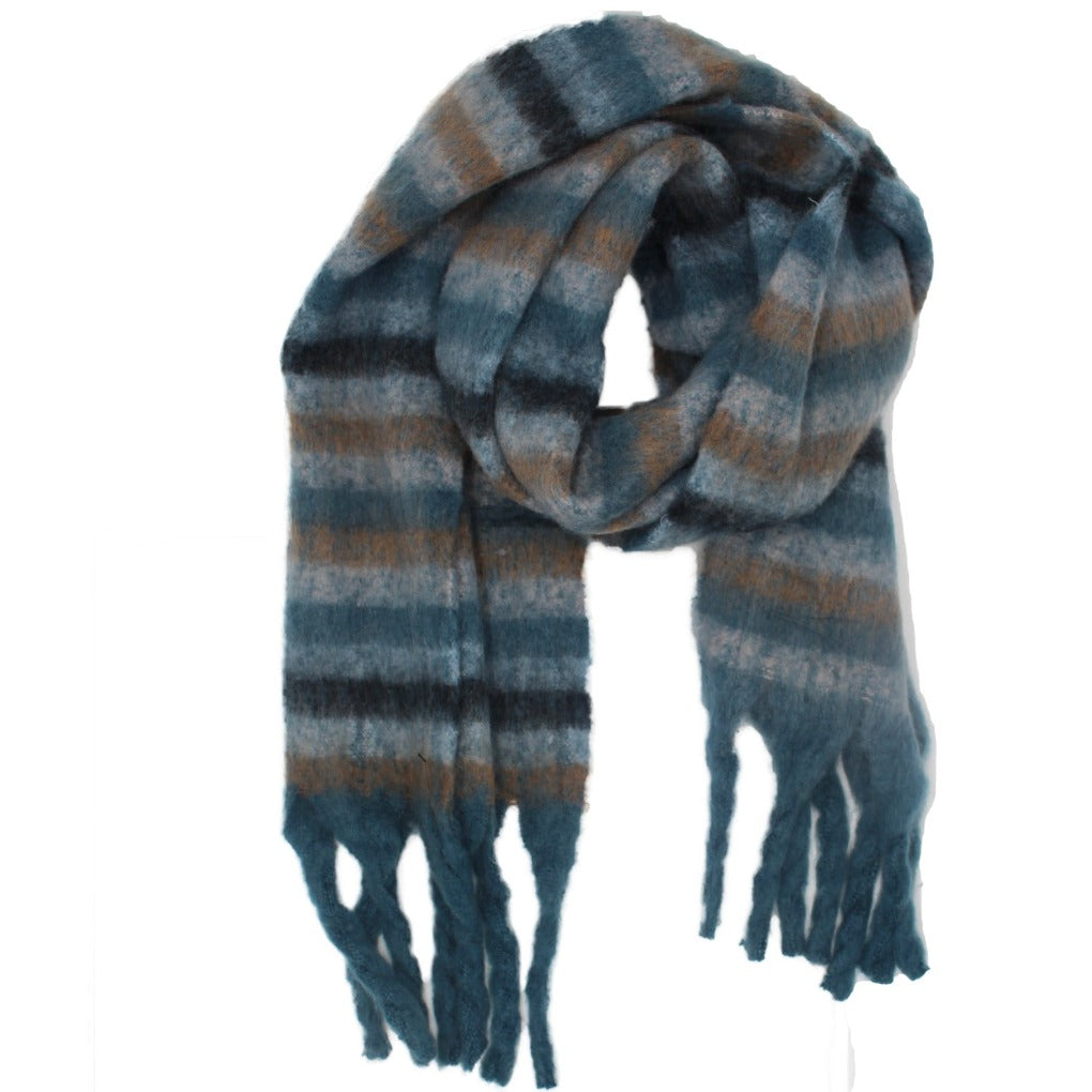 Schal gestreift Wollschal Fransen blau braun petrol