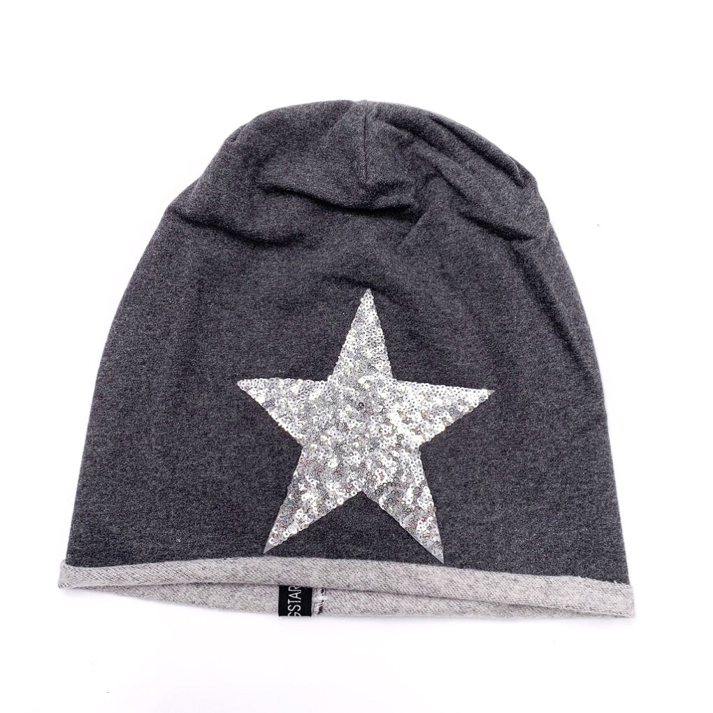 beanie stern  mütze mit stern pailletten silber anthra mütze springstar dünne sommermütze damen anthra