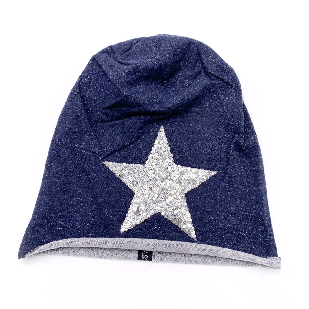 beanie stern  mütze mit stern pailletten silber anthra mütze springstar dünne sommermütze damen skatermütze dunkelblau