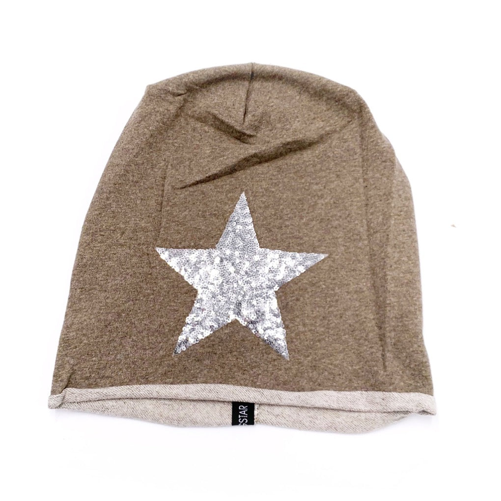 beanie stern  mütze mit stern pailletten silber anthra mütze springstar dünne sommermütze damenkhaki grün beige