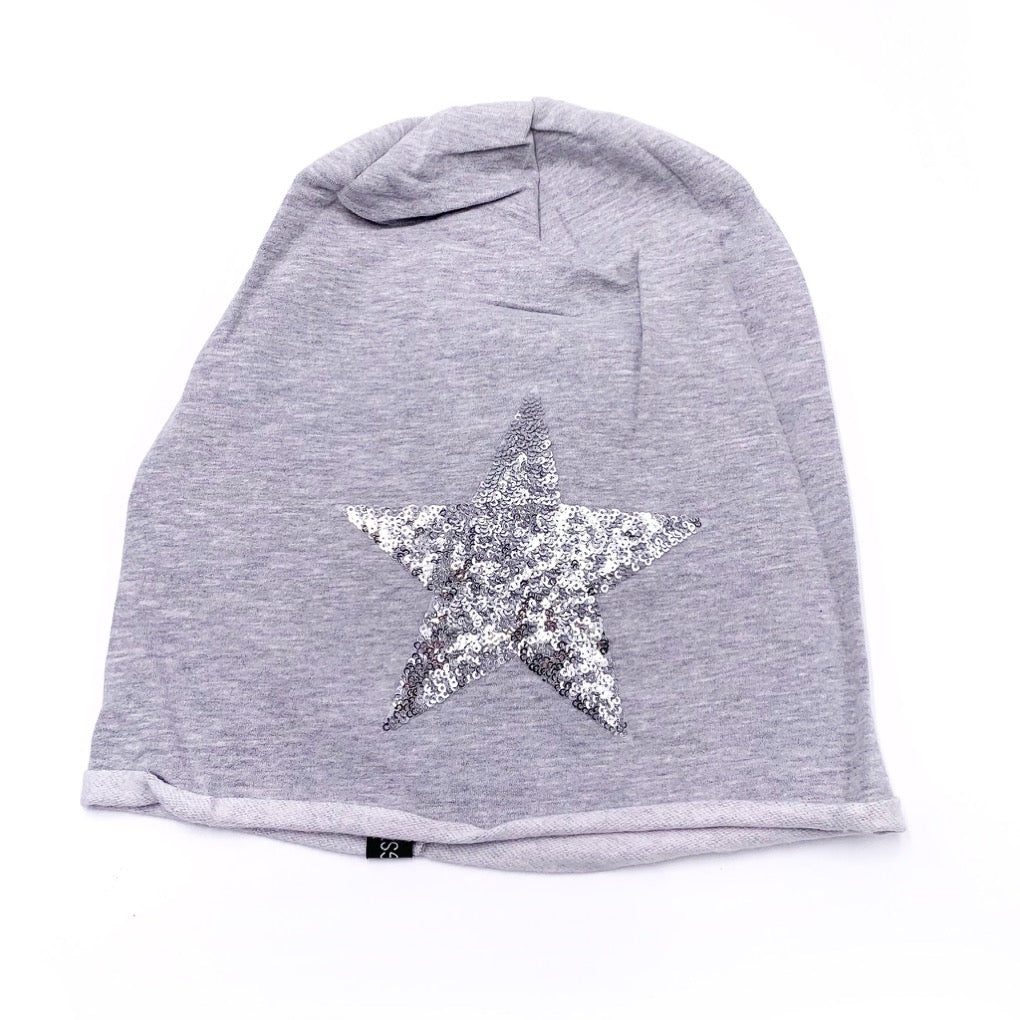 beanie stern  mütze mit stern pailletten silber anthra mütze springstar dünne sommermütze damen hellgrau