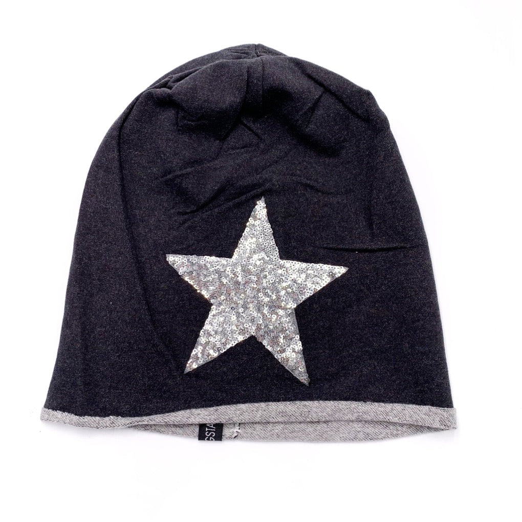 beanie stern  mütze mit stern pailletten silber anthra mütze springstar dünne sommermütze damen schwarz baumwolle