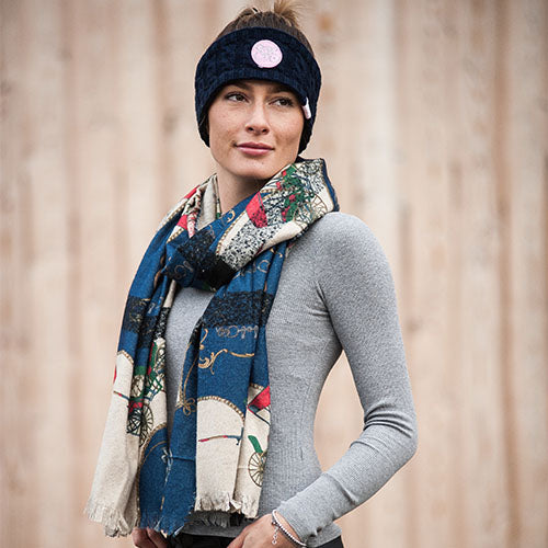 Musterschal, Jettejoop, Motivschal, Pferdemotivschal, weich, bunt, blau, orange, sommerschal, frühlingsschal, pferdeschal