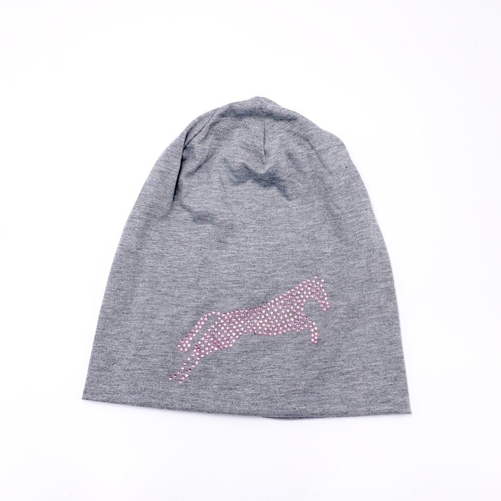 dünne mütze damen sport amina grau rosa pferd motiv springpferd beanie skatermütze glitzer strass strasssteine springstar mädchen