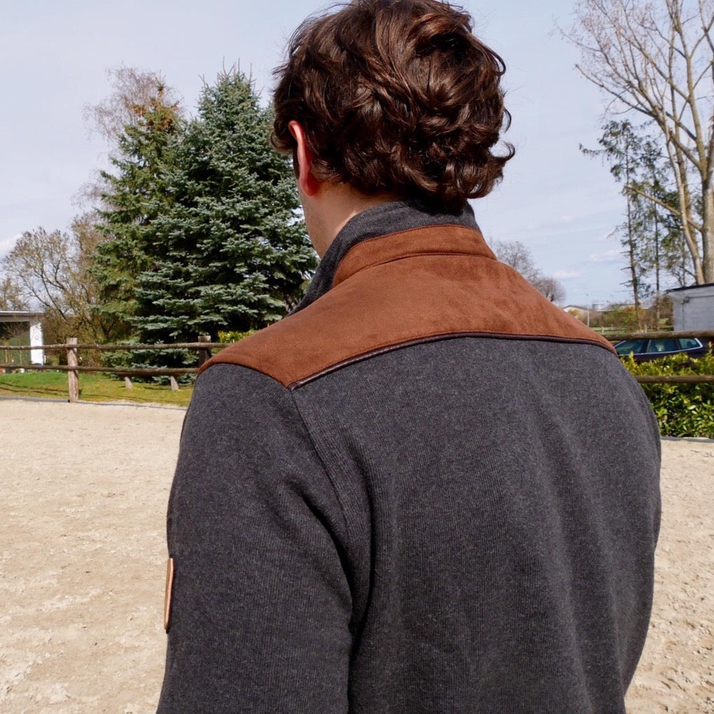 herren-pullover-herrenpullover-zipper-edlerherrenpulli, Lederimitat, Reitpulli, Hoodie, Ledereinsatz, edle Details, Pulli mit lederdetails, blauer Pulli, Anthrazitzit Pulli, springstarherrenpulli