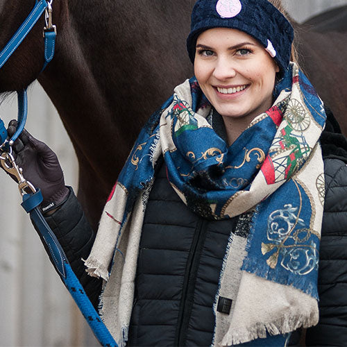 Musterschal, Jettejoop, Motivschal, Pferdemotivschal, weich, bunt, blau, orange, sommerschal, frühlingsschal, pferdeschal