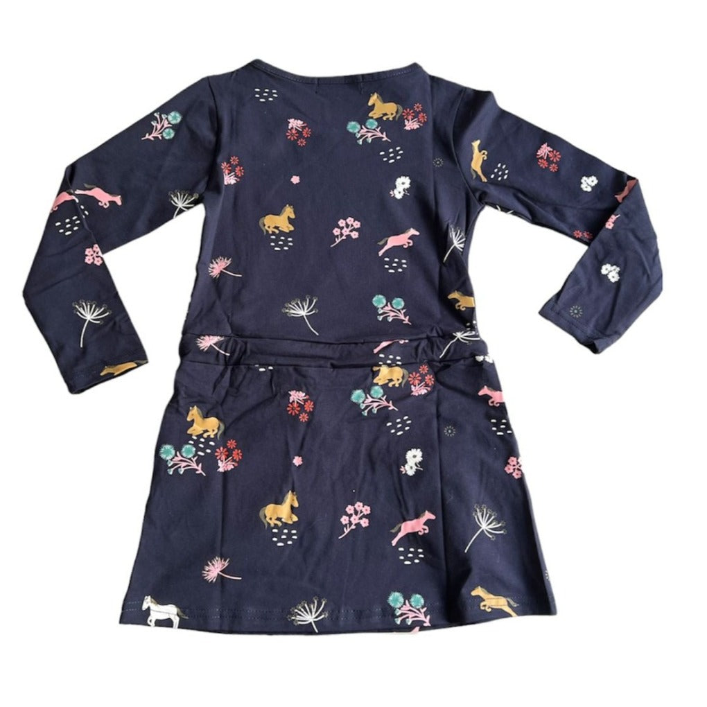 kinderkleid-june-mit-pferden-und-blumen-kordel-dark blue kleid kids blau blue pferdchen