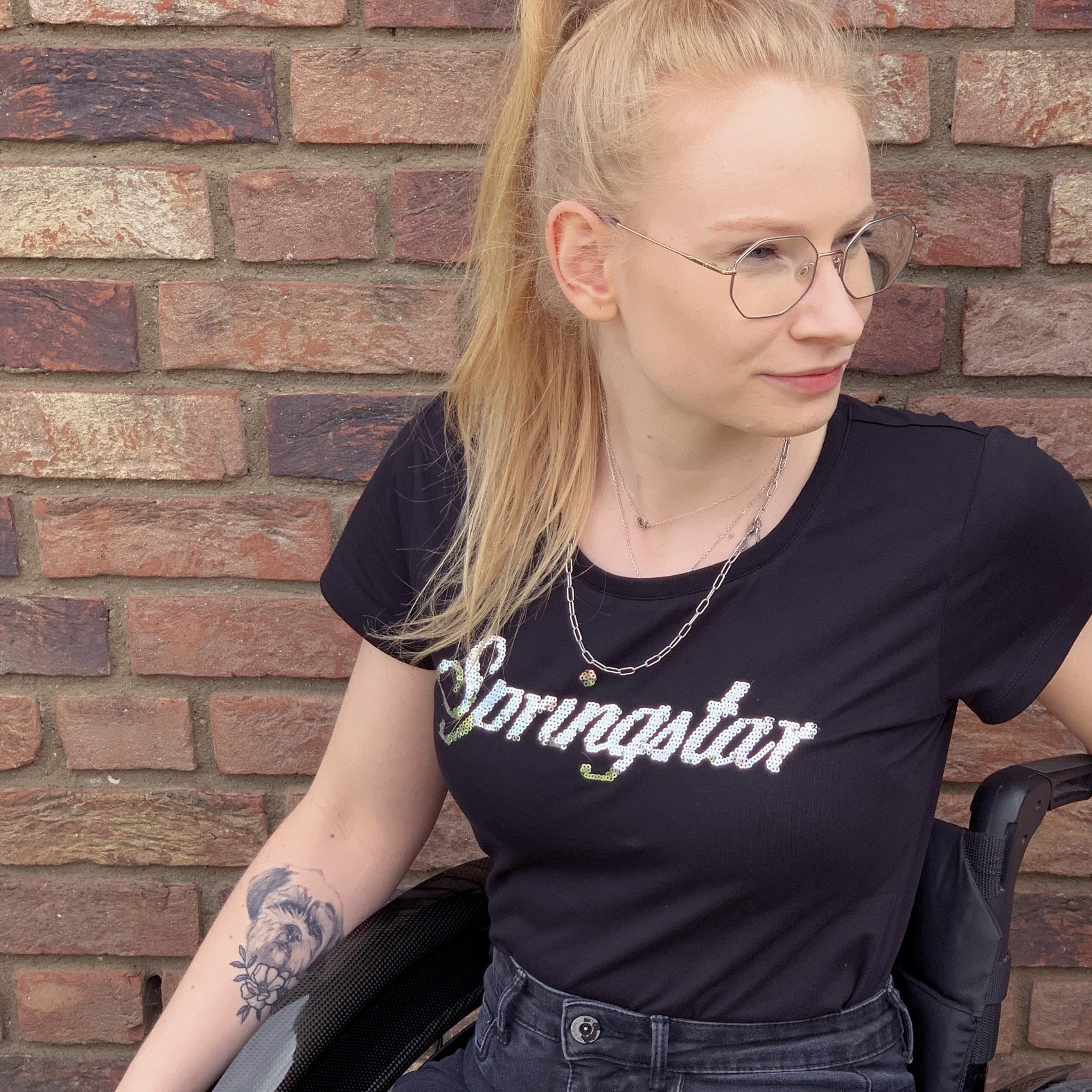 pailletten shirt springstar schriftzug glitzer tshirt schwarz slim fit spooks