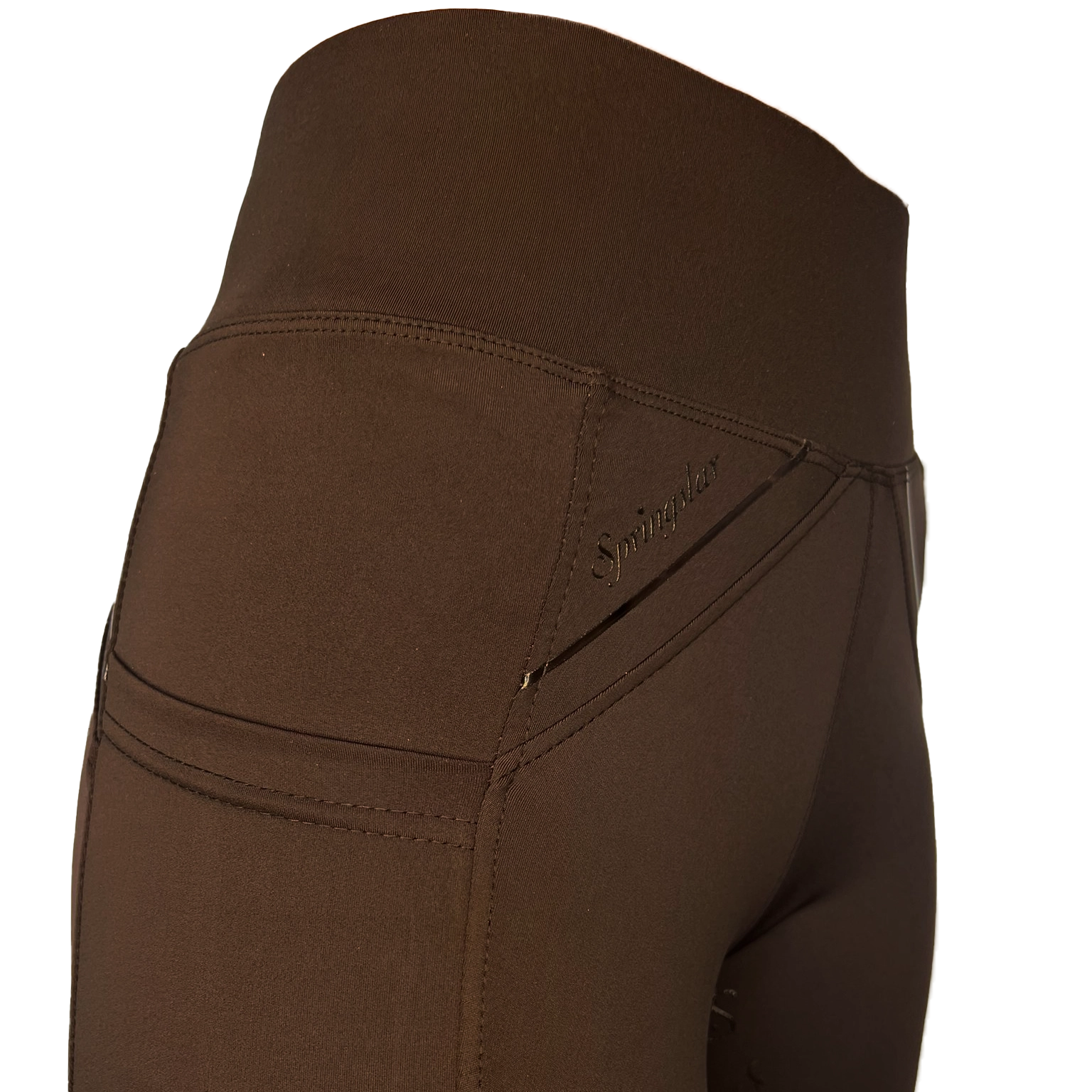 reitleggings braun nachhaltige reitbekleidung reithose reitleggins springstar handytasche highwaist silikon vollbesatz grip