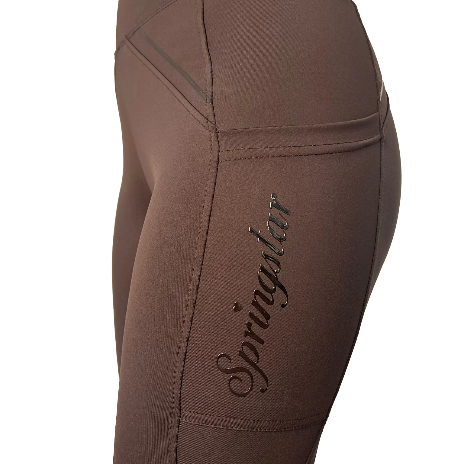 reitleggings braun nachhaltige reitbekleidung reithose reitleggins springstar handytasche highwaist silikon vollbesatz grip