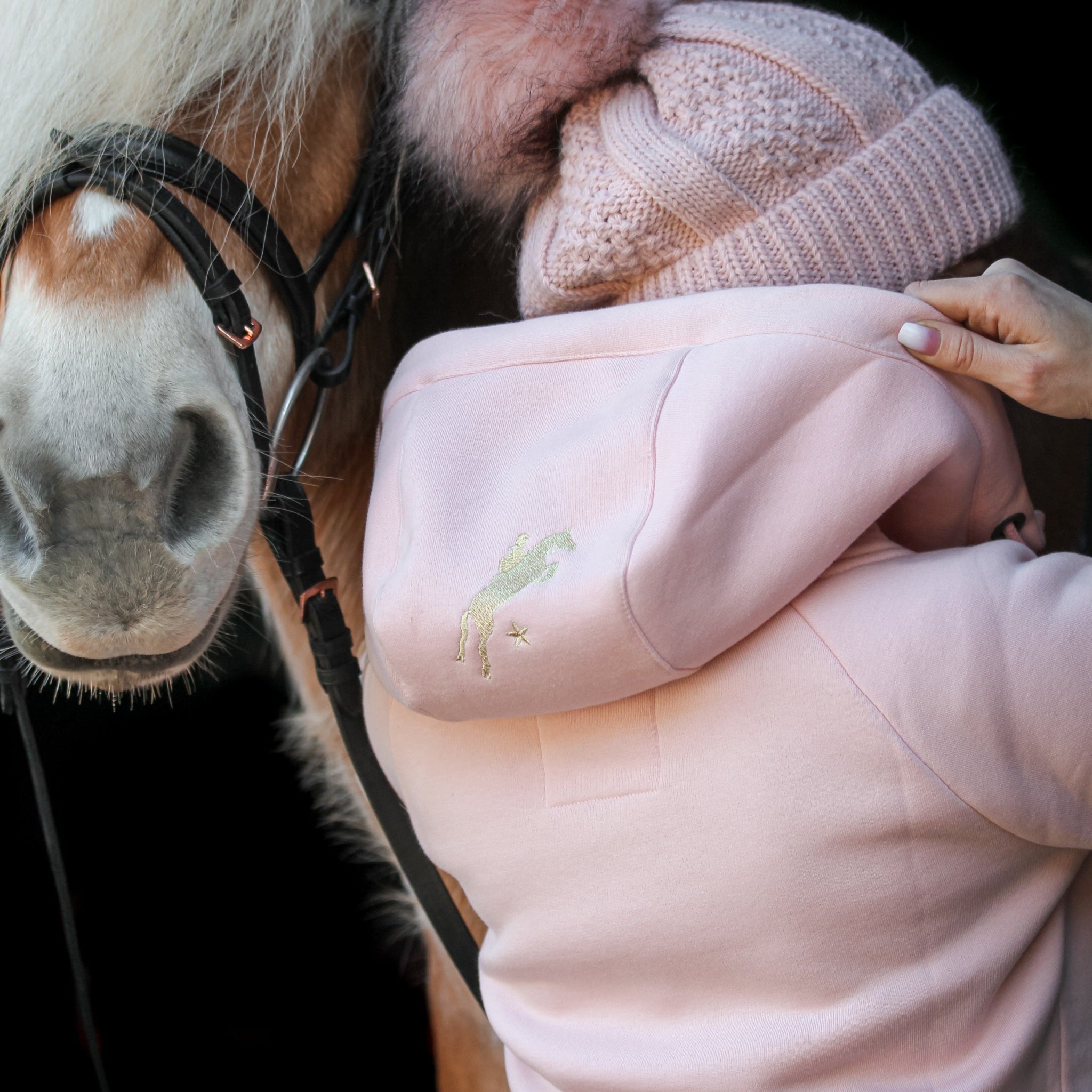 reiter hoodie spooks springstar kapuze detail springpferd rosa mütze