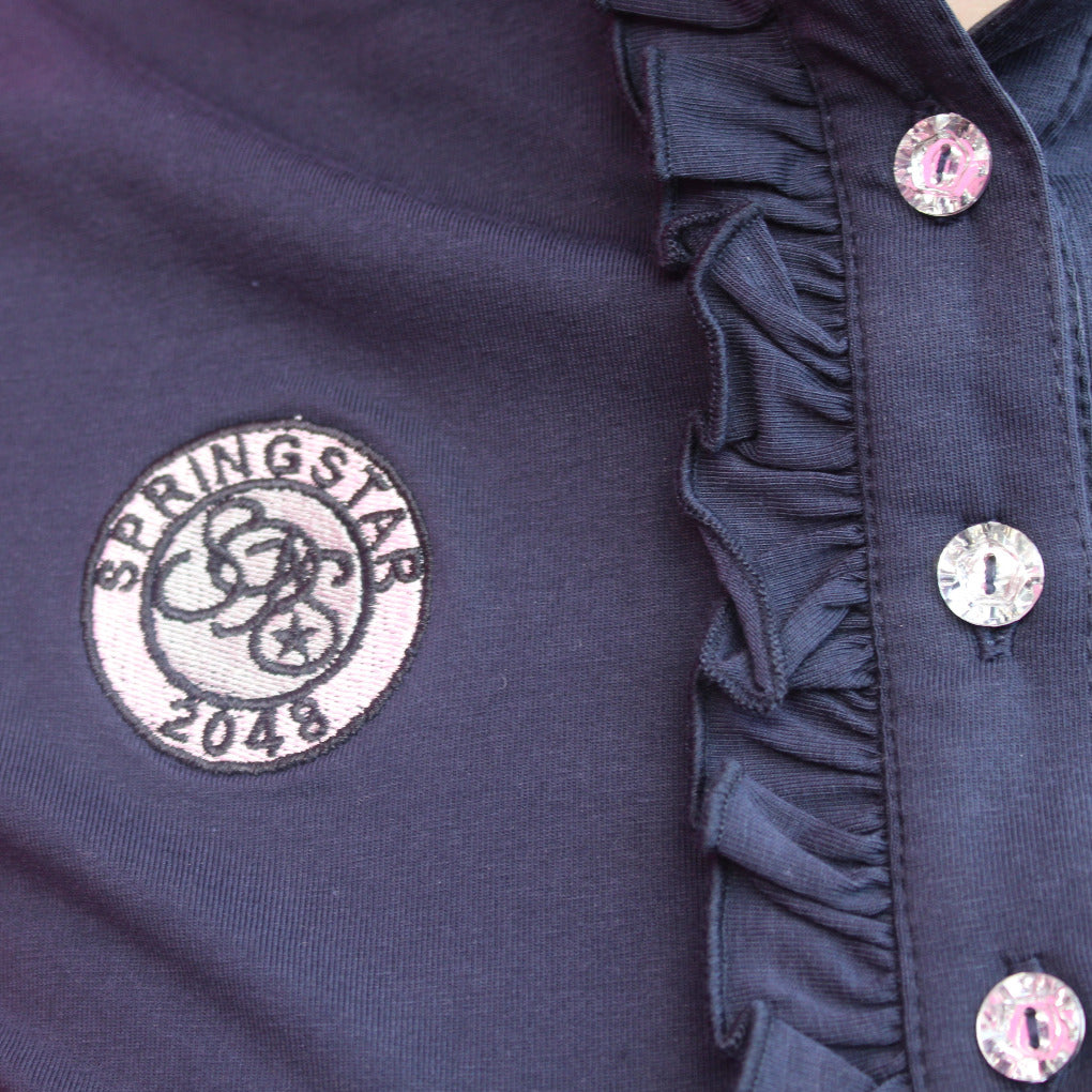 turnierbluse springstar spooks blau rüschen glitzer detail reit oberteil reitmode reitbluse reitshirt kurzarm