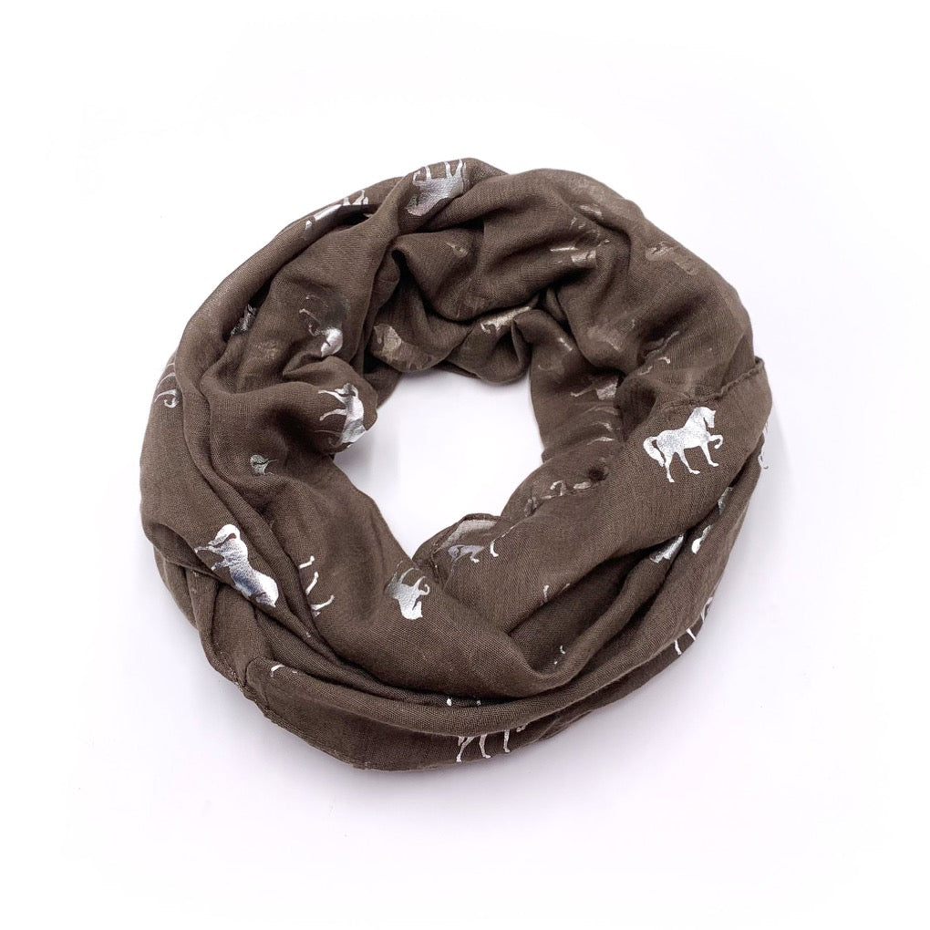 silber metallic loop schal chaleen braun pferde pferdemotiv rundschal glitzerschal