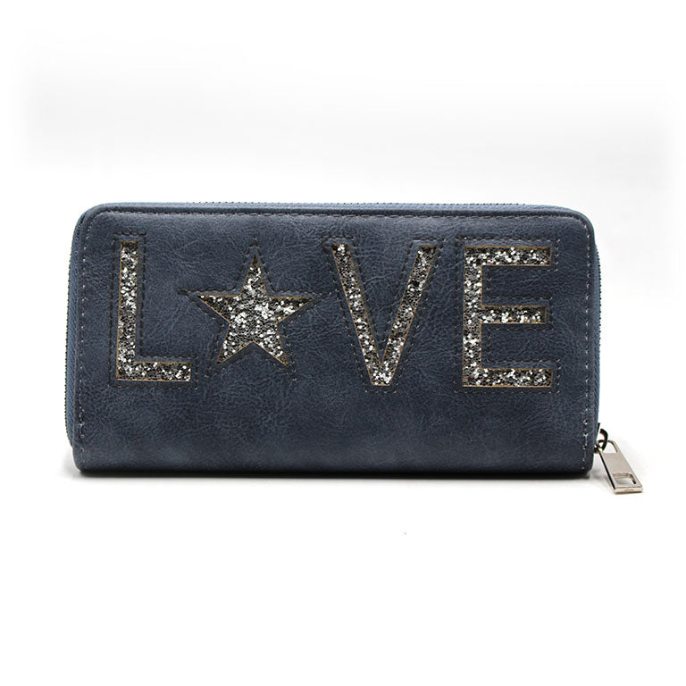 geldbörse, portemonnaie, geldbeutel, börse, blau, kunstleder, wildleder, glitzer, love, groß, fächer, reißverschluss