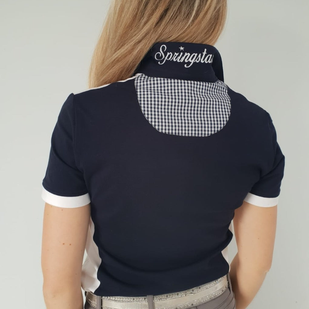 poloshirt mit logo, poloshirt reiten, blau navy dunkelblau, spooks, pikeur, reitshirt, turniershirt, karomuster, glitzersteine, stehkragen, poloshirt rosa reiter outfit damen polo shirt reiteroutfit funktionsshirt