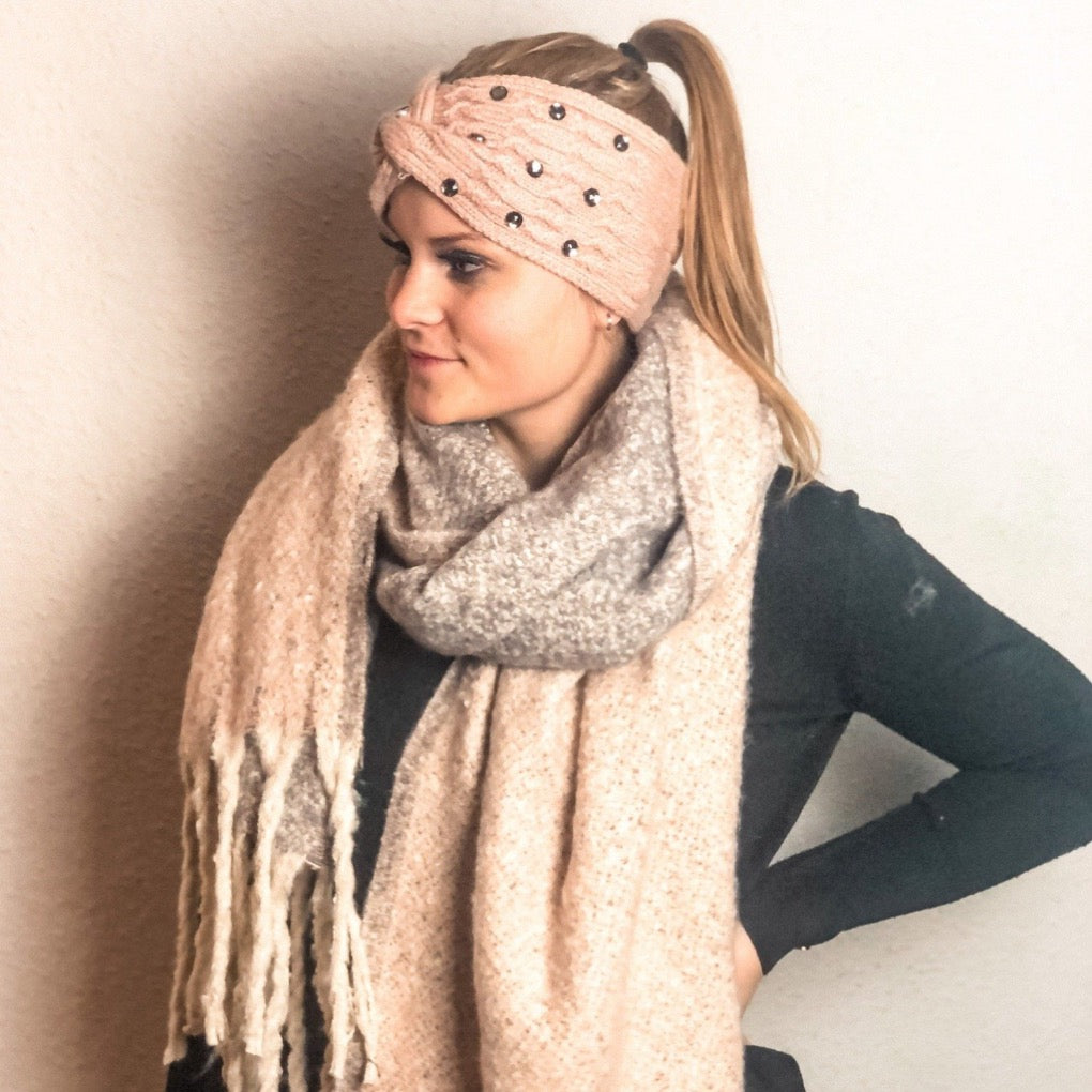 knoten Stirnband,anna,rosa,glietersteine,fleece,winter,warm,hingucker,stall,ausritt,rosa, schal,weich,knotenstirnband,
