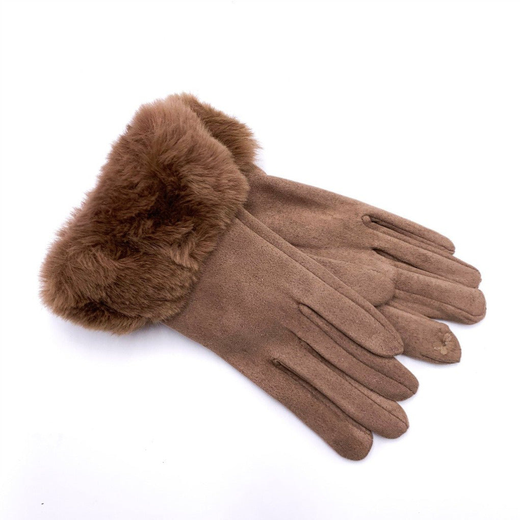 wildleder handschuhe braun kunstfell blume finger touchscreen