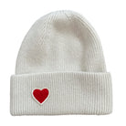 Cashmere Beanie mit Umschlag wollweiß Ivory mit Herz Patch Reiter Mütze