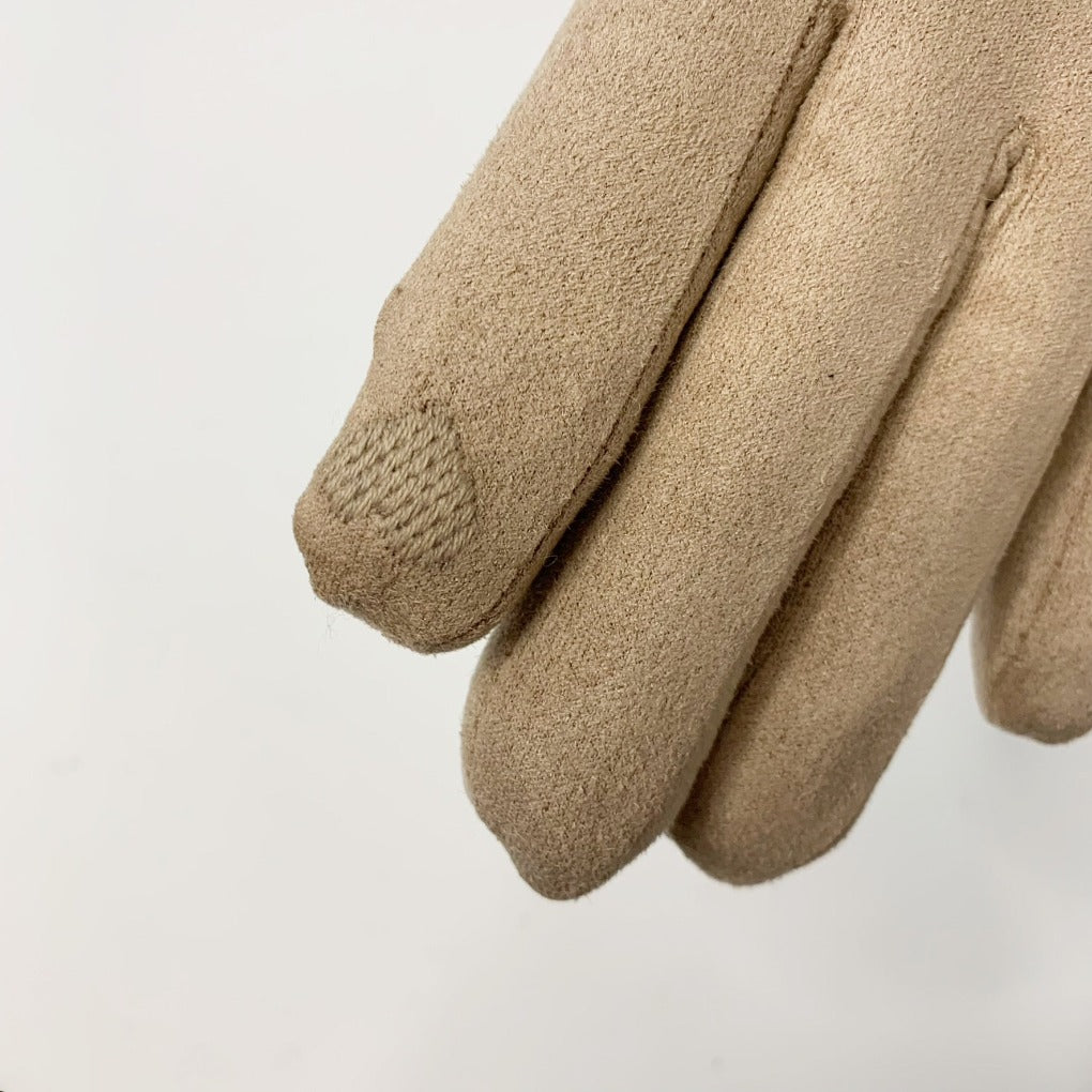 Damen Winterhandschuhe gefüttert Teddyfell Zierschnalle Wildlederoptik beige touchscreen kompatibel