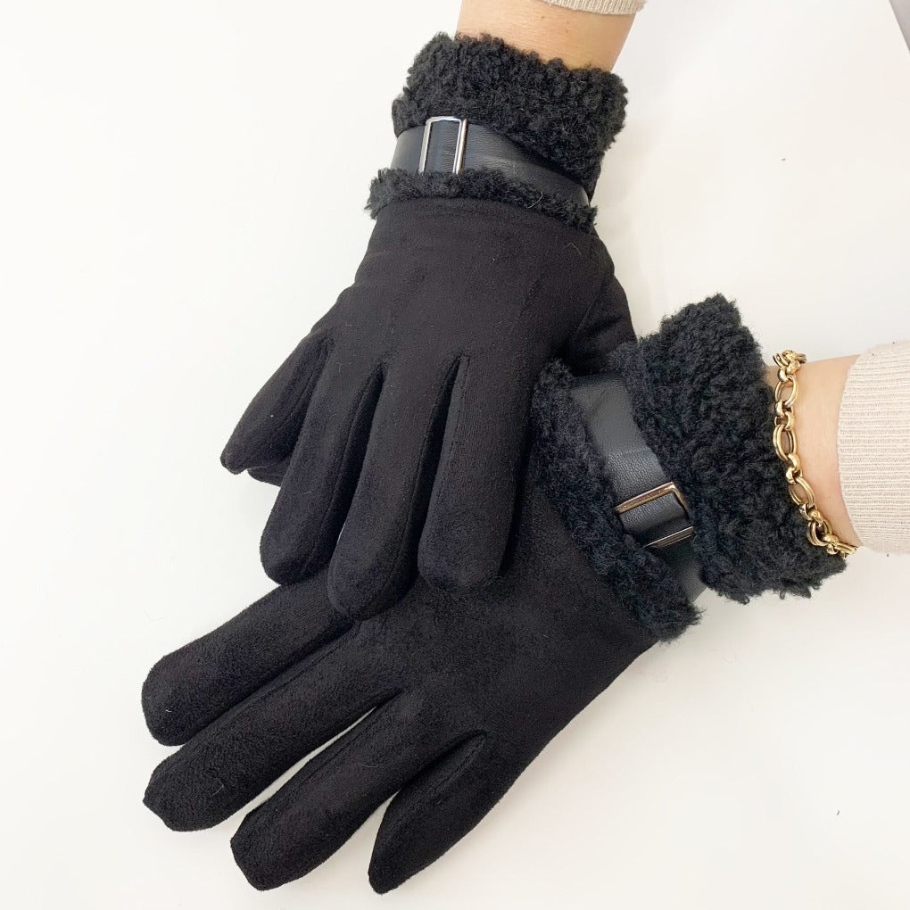 Damen Winterhandschuhe gefüttert Teddyfell Zierschnalle Wildlederoptik schwarz