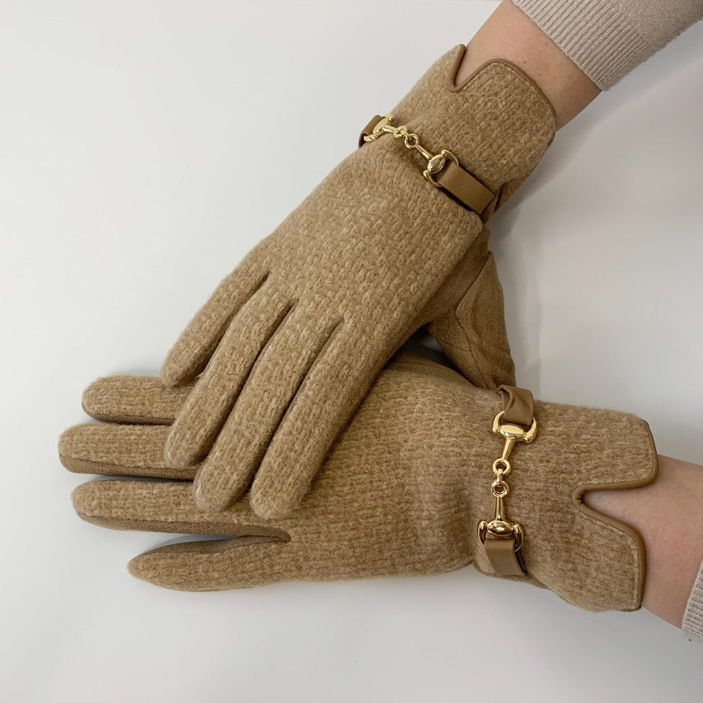 Touchscreen Handschuhe mit Gebissschnalle gold Wildleder beige Feinstrickoptik