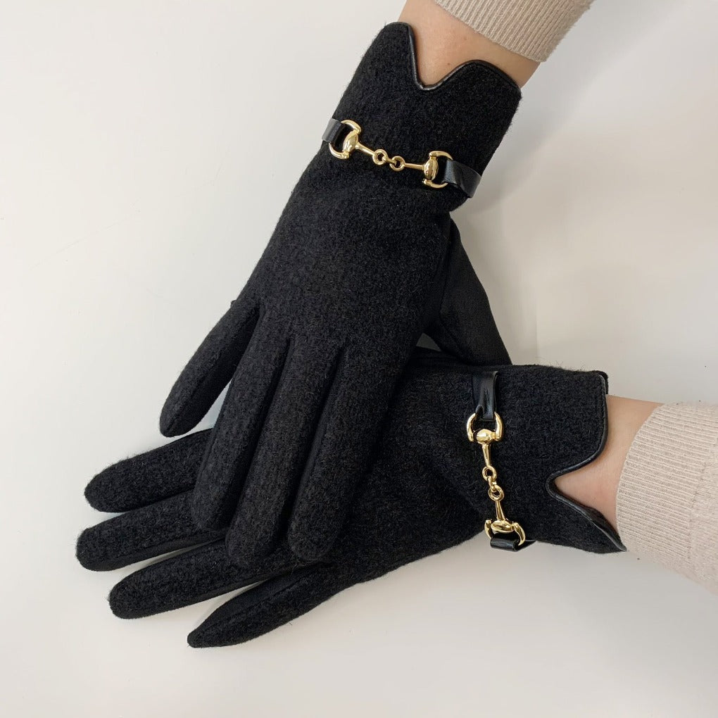 Touchscreen Handschuhe mit Gebissschnalle gold Wildleder schwarz Feinstrickoptik