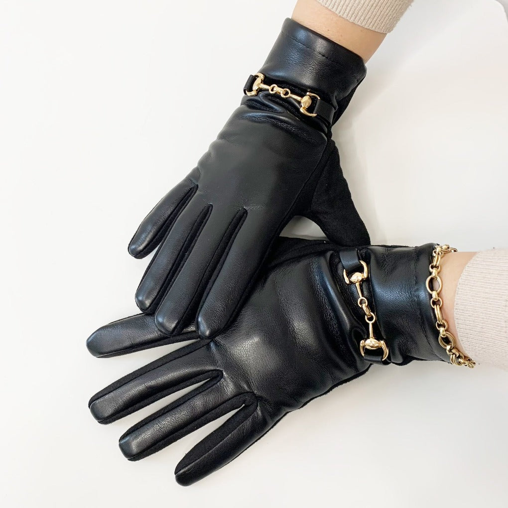Touchscreen Handschuhe mit Gebissschnalle gold Wildleder schwarz Kunstleder