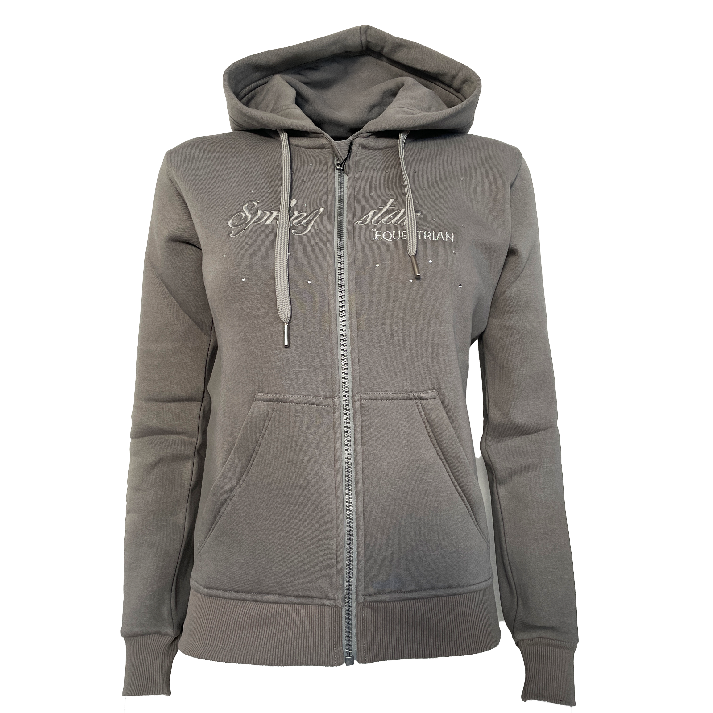 Springstar Damen Hoodie mit Strass hellgrau Reitmode Kapuzenpullover Equestrian Glitzer Sweatjacke mit Kapuze Kapuzenjacke mit Glitzerdetails sportlicher Hoodie Reitbekleidung Damen Freizeitmode Reitsport