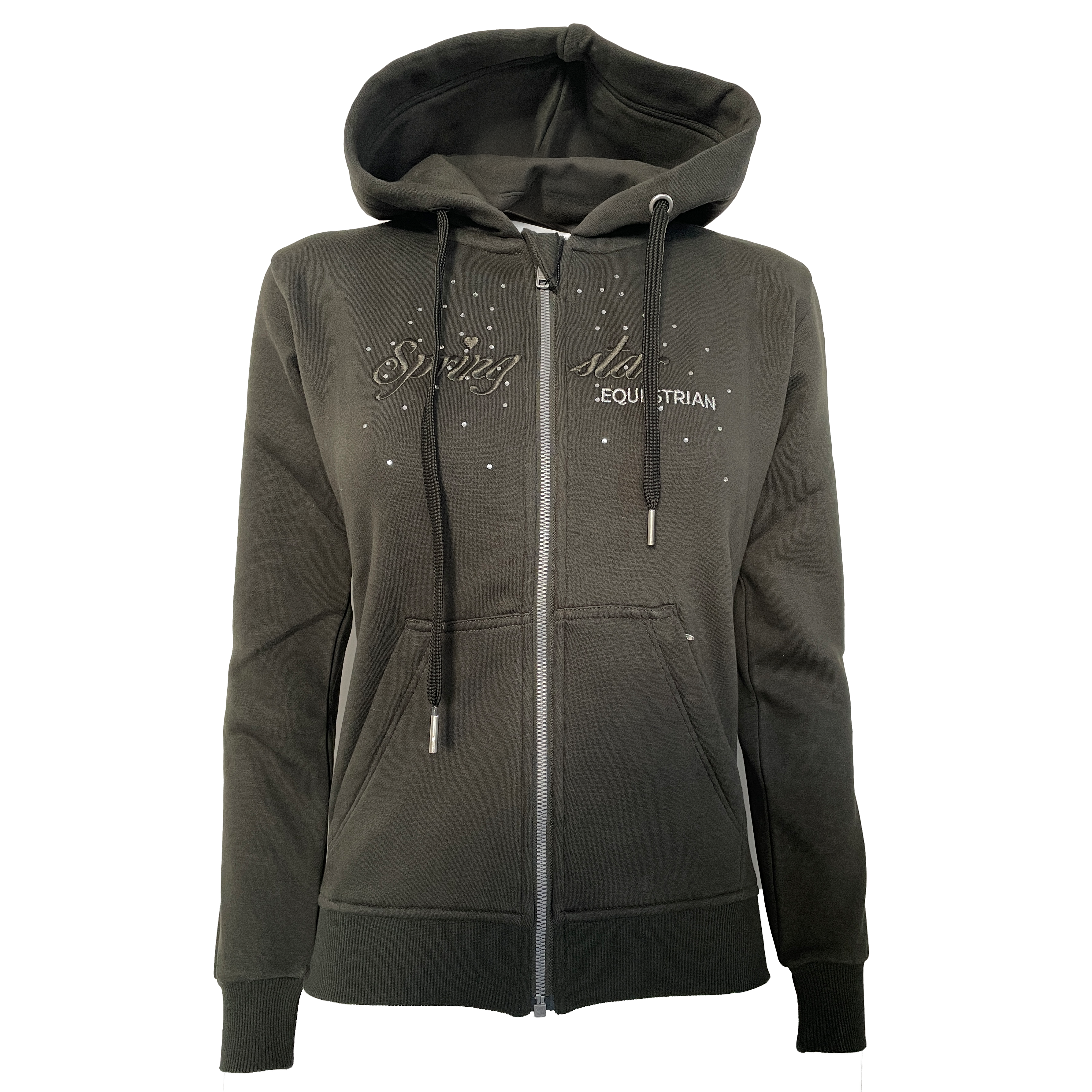 Springstar Damen Hoodie mit Strass khaki dunkelgrün Reitmode Kapuzenpullover Equestrian Glitzer Sweatjacke mit Kapuze Kapuzenjacke mit Glitzerdetails sportlicher Hoodie Reitbekleidung Damen Freizeitmode Reitsport