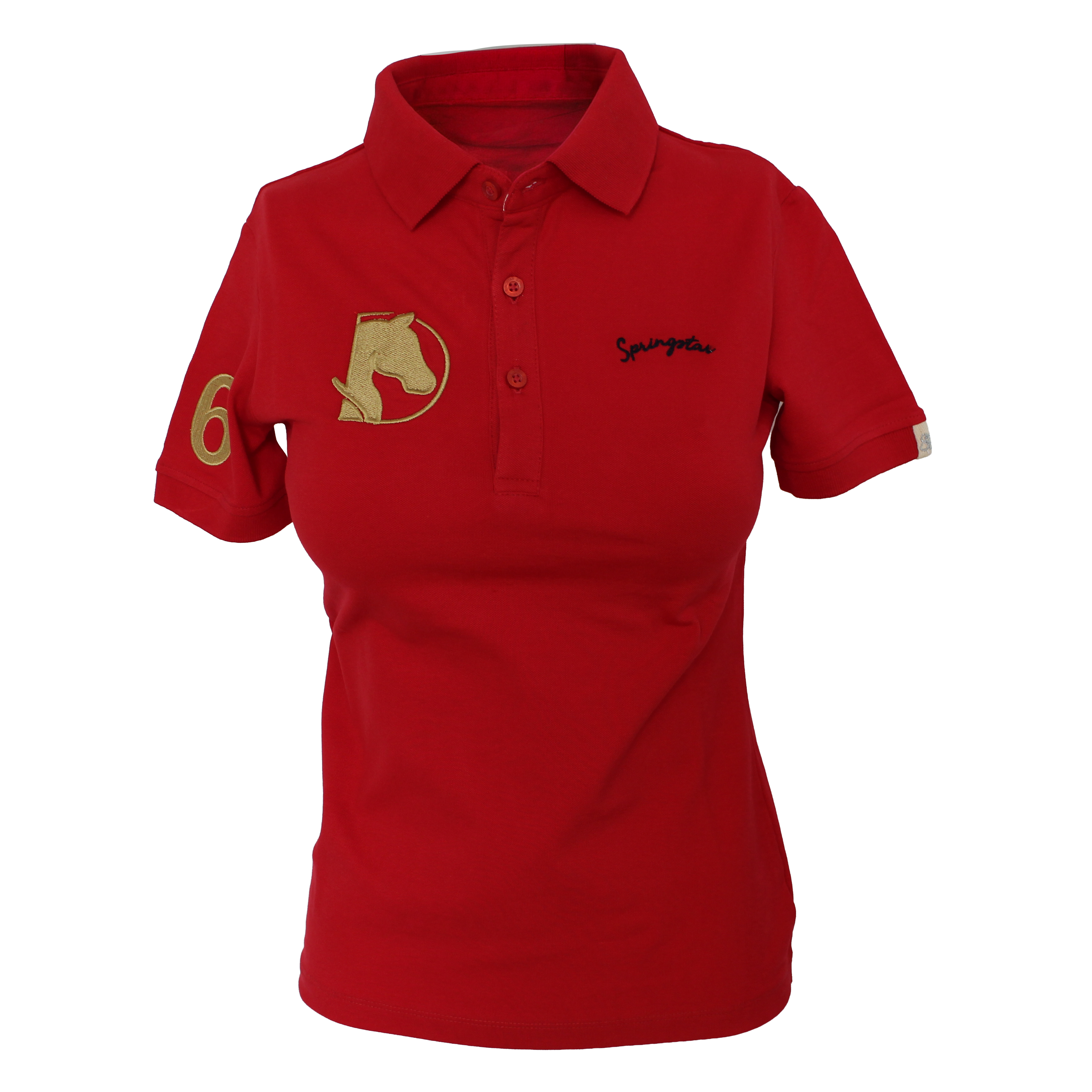 Vorderansicht des roten Springstar Damen Poloshirts zur Kollektion Hamburg Derby 2026 mit sportlichem Kragen, Knopfleiste und edlen goldenen Applikationen.