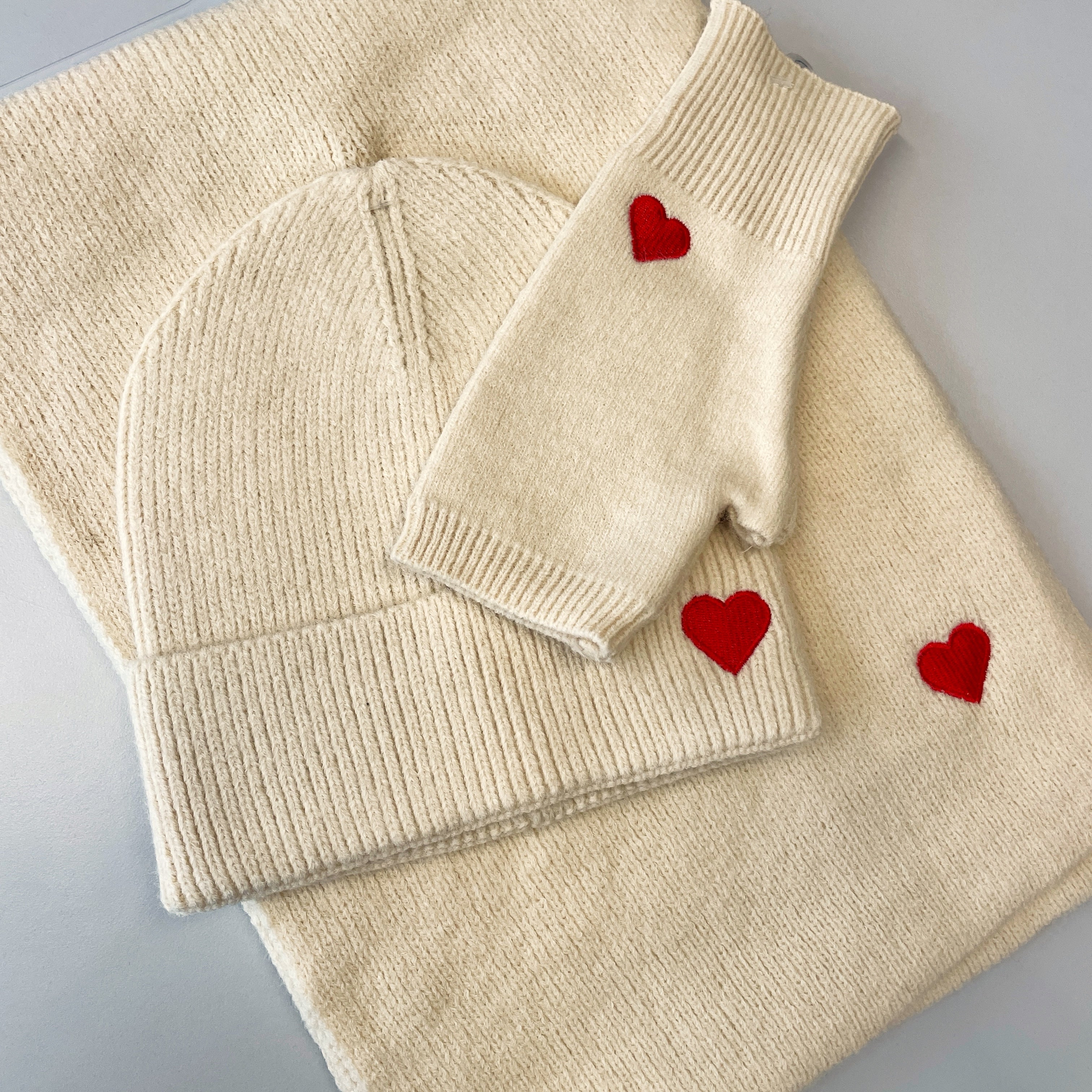 winter strick set mütze schal handschuhe springstar herz details beige
