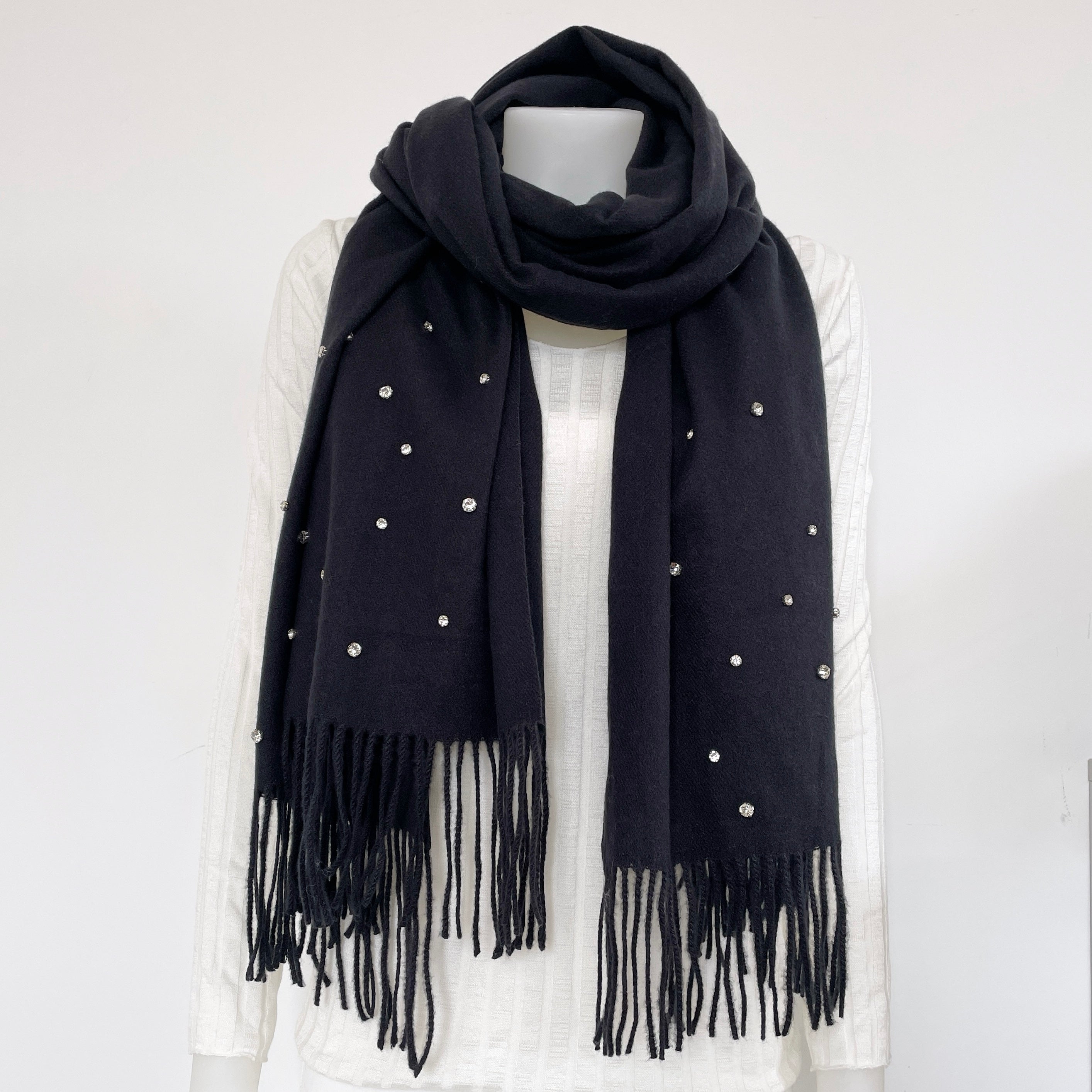 damen wollschal mit fransen und glitzersteinen in dunkelblau