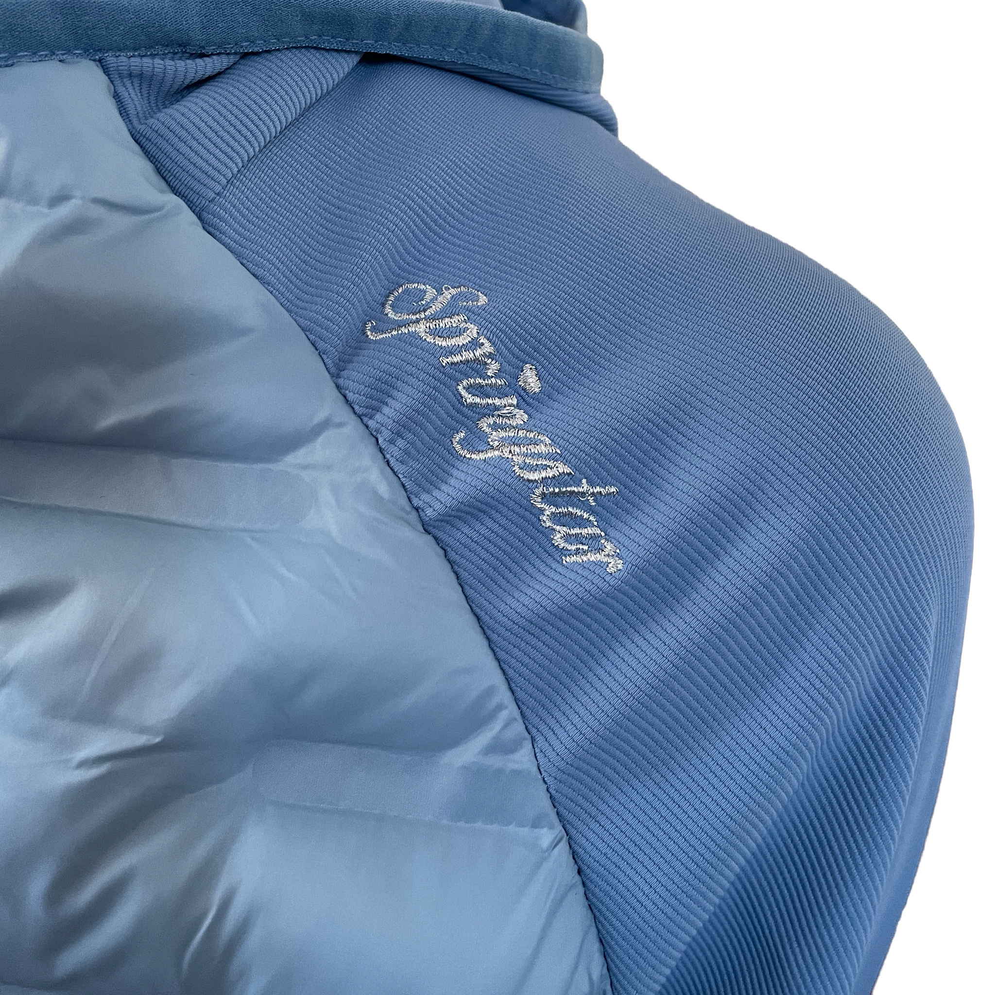 Damen Funktions Reitjacke Bella Springstar Hybrid Übergangsjacke leichte Steppjacke mit Kapuze Blau Bestickung Silber