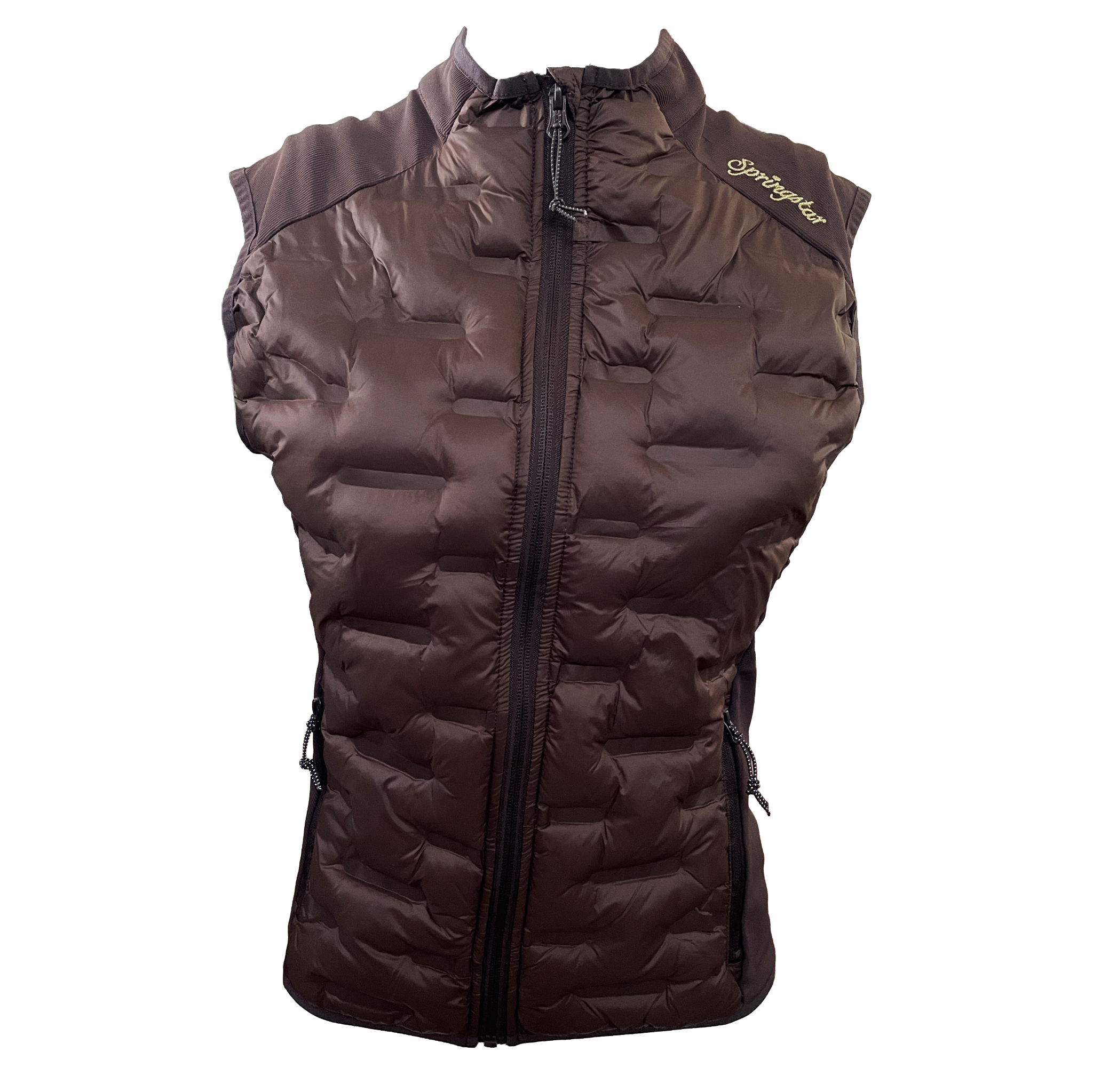 funktions reitweste ruby braun damen weste mit kapuze steppweste hybridweste springstar gold stickerei