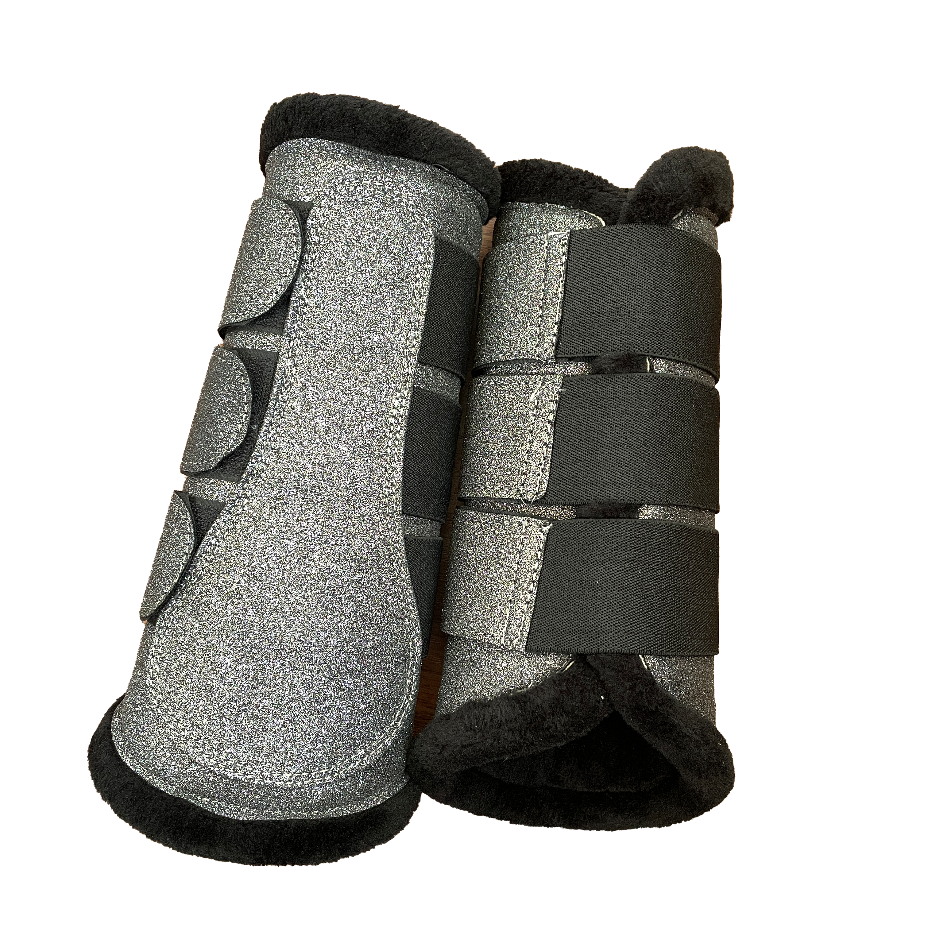 gamaschen vorne softgamasche kunstfell schwarz silber glitzer 