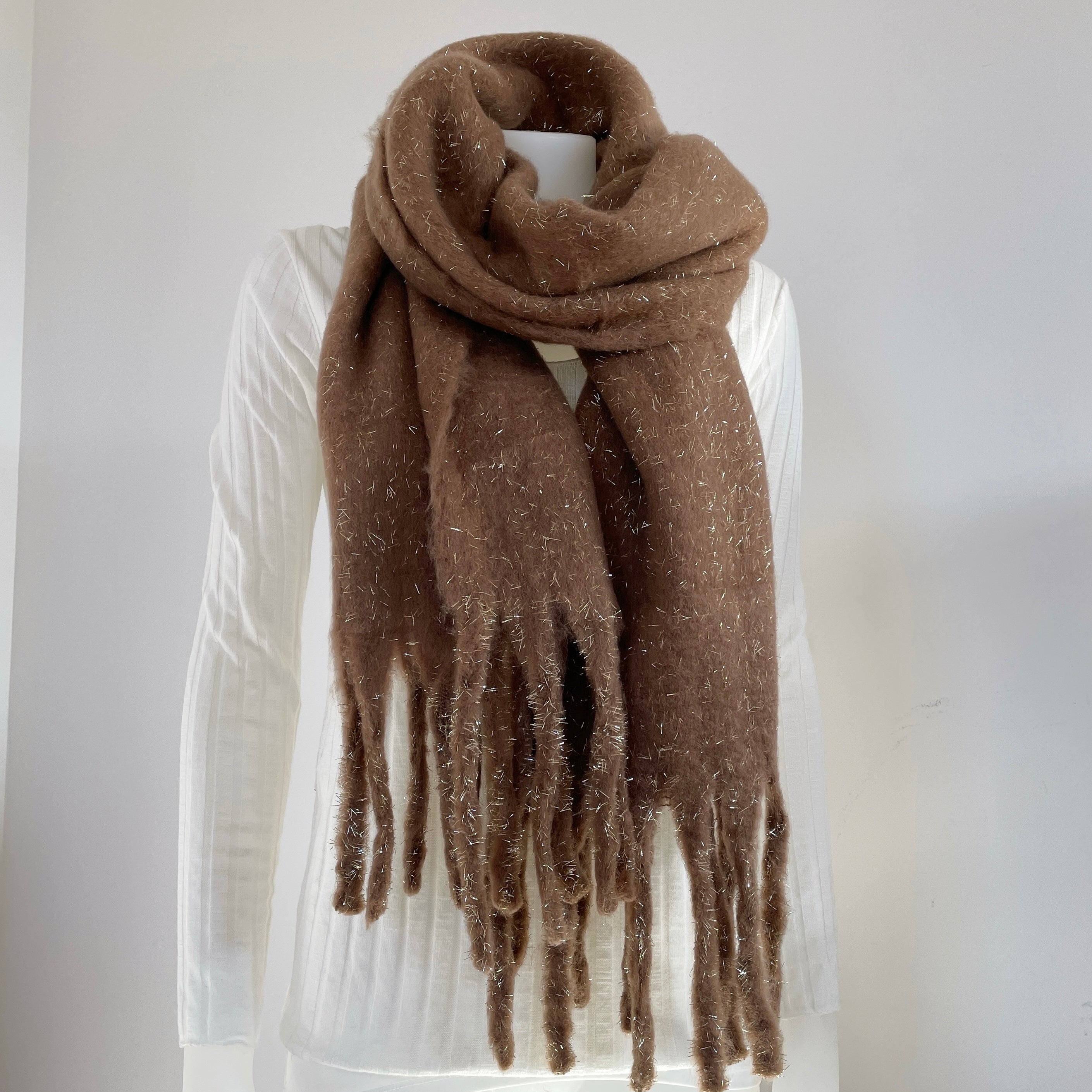 glitzerschal mit fransen braun gold 
