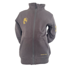 Vorderansicht der grauen Springstar Kinder Sweatjacke aus der Hamburg Derby 2026 Kollektion mit hochgeschlossenem Kragen, goldenem Pferdestick und Startnummer 2 auf dem Ärmel.