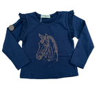 kinder langarmshirt regenbogen strass glitzersteine pferdemotiv rüschen dunkelblau