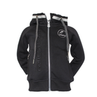 Vorderansicht der schwarzen Springstar Kinder Reitjacke Ariel mit Reißverschluss, Glitzerkapuze, rundem Logo und vertikalem Equestrian-Schriftzug.
