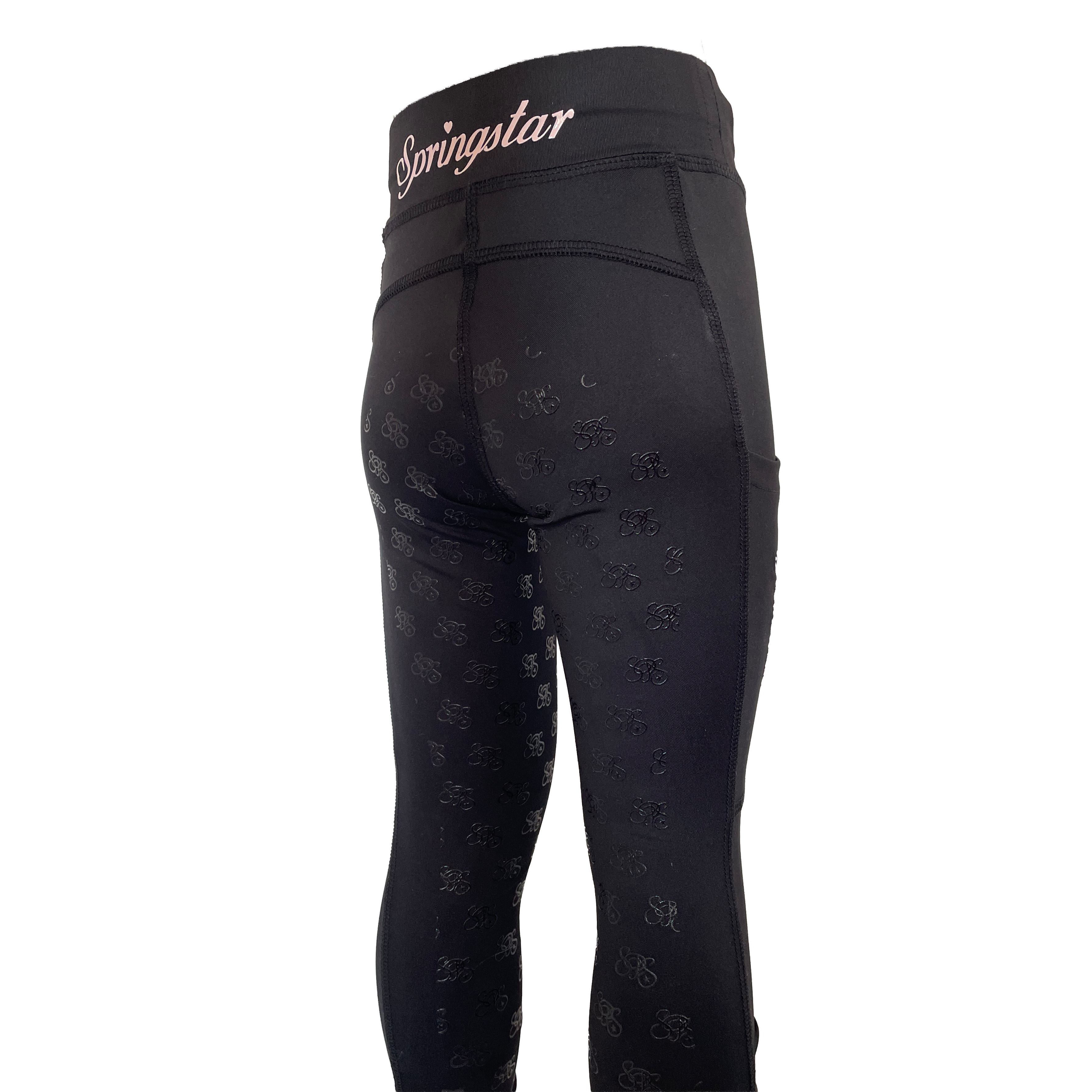 Rückansicht der schwarzen Springstar Kinder Reitleggings Sternenglück auf einer Schneiderpuppe zur Darstellung des Silikon-Grip Vollbesatzes.
