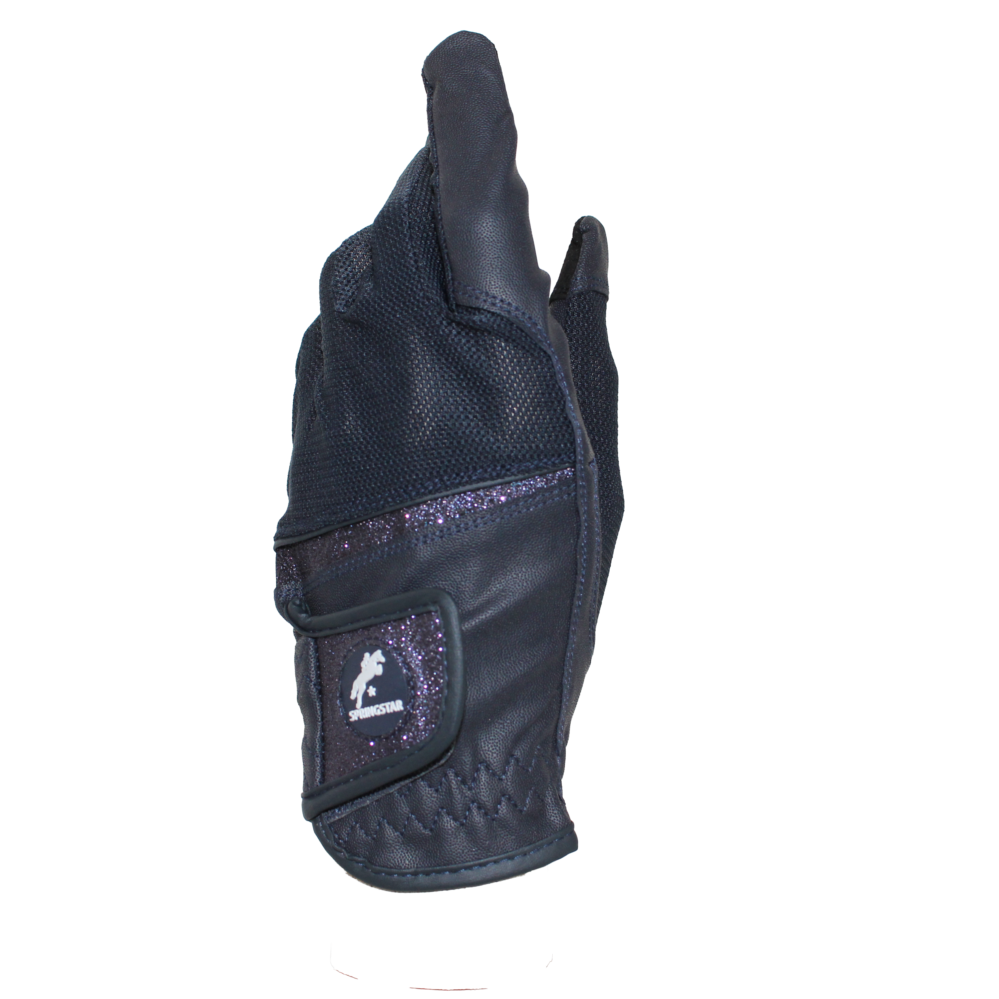 Handrücken des dunkelblauen Springstar Mesh-Reithandschuhs Glory 2.0 mit atmungsaktivem Netzstoff und glitzerndem Klettverschluss mit Logo.